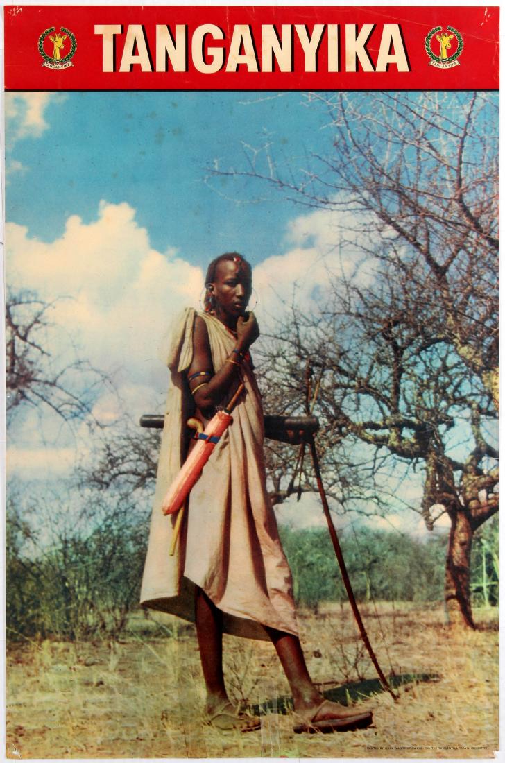 Travel Poster Taganyika Africa Tribe Warrior: Original vintage travel poster promotes visiting Taganyika. Tanganyika was a sovereign state that existed from 9 December 1961 until 26 April 1964, first gaining independence from the United Kingdom a
