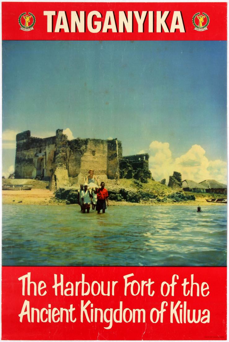 Travel poster Taganyika Africa The Harbour Fort: Original vintage travel poster promotes visiting Tanganyika's The Harbour Fort of the Ancient Kingdom of Kilwa. Tanganyika was a sovereign state that existed from 9 December 1961 until 26 April 1964, 
