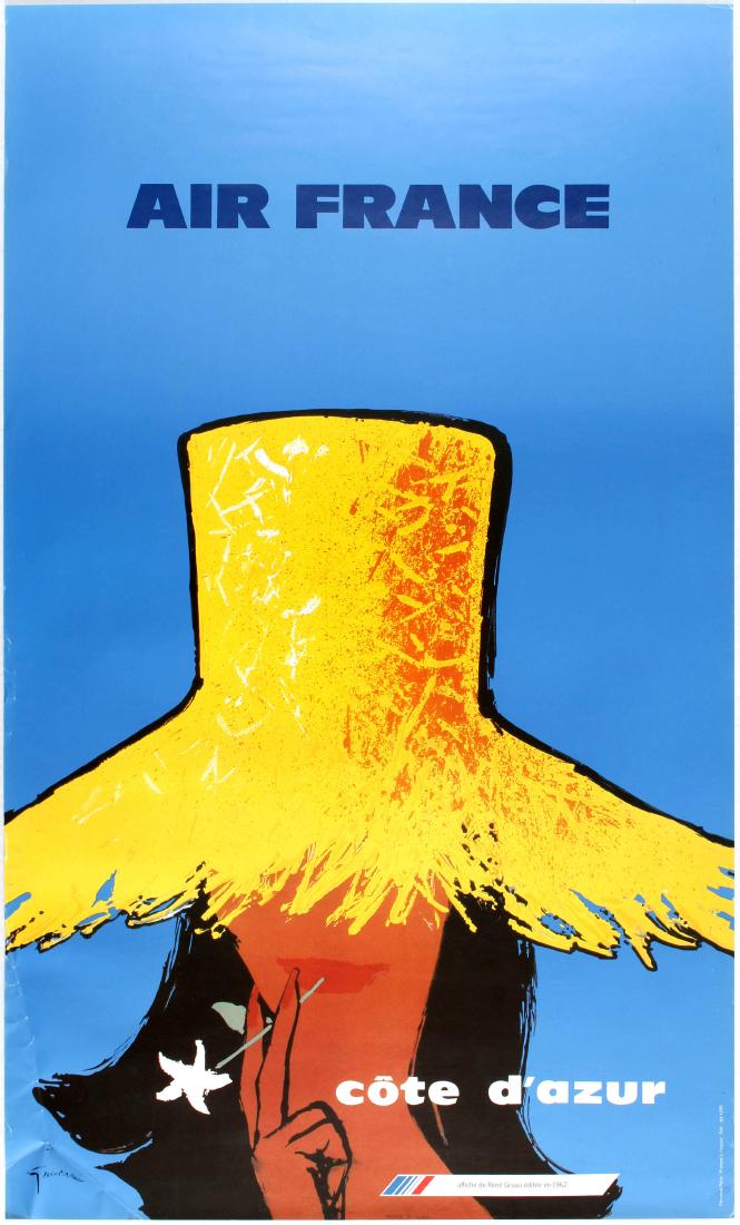 Travel Poster Air France Cote d'Azur Gruau: Original vintage travel poster official reissue by Air France of Cote d'Azur poster from 1962. Illustration features a woman in a straw hat holding a flower in her mouth on a blue background. Good con