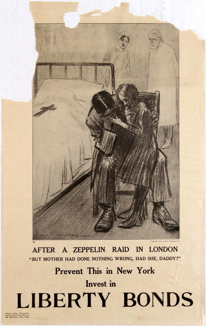 War Propaganda Poster WWI Zeppelin Raid London USA: Original vintage propaganda poster: After a zeppelin raid in London -- "but mother had done nothing wrong, had she, Daddy?" promoting invest in Liberty Bonds. Issued by Liberty Loan Committee. Good co