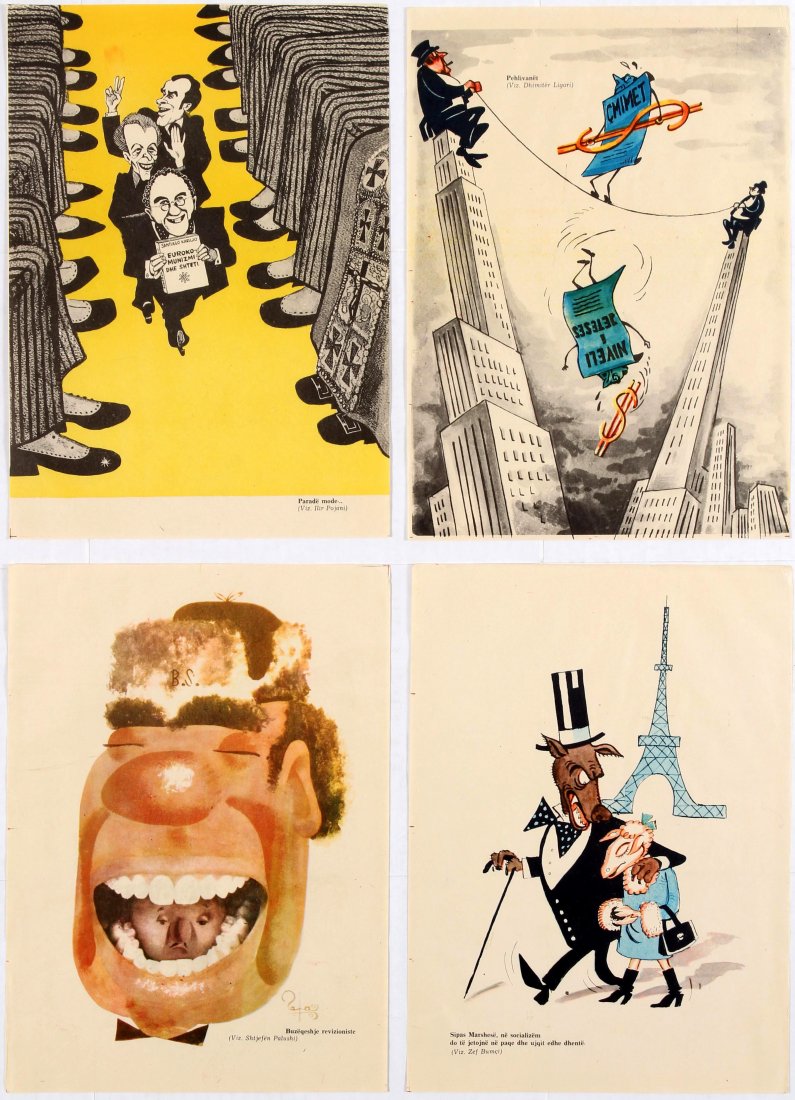 Communist Propaganda Posters Albania Anti USA USSR: Original rare vintage Albanian Communist propaganda posters set of 31 images. Illustration features Communist propaganda against both USA and USSR. Overall good condition, creases on margins. Country: