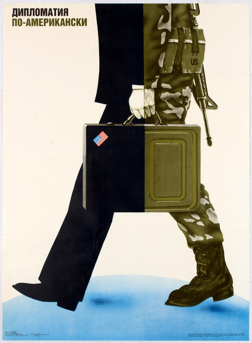 Propaganda Poster Anti USA Diplomacy USSR Cold War: Original vintage Anti-American propaganda poster Diplomacy in American Style. Good condition, crease in the upper left corner. Country: Russia. Year: 1986. Designer: B. Yanin. Size (cm): 65 x 48.