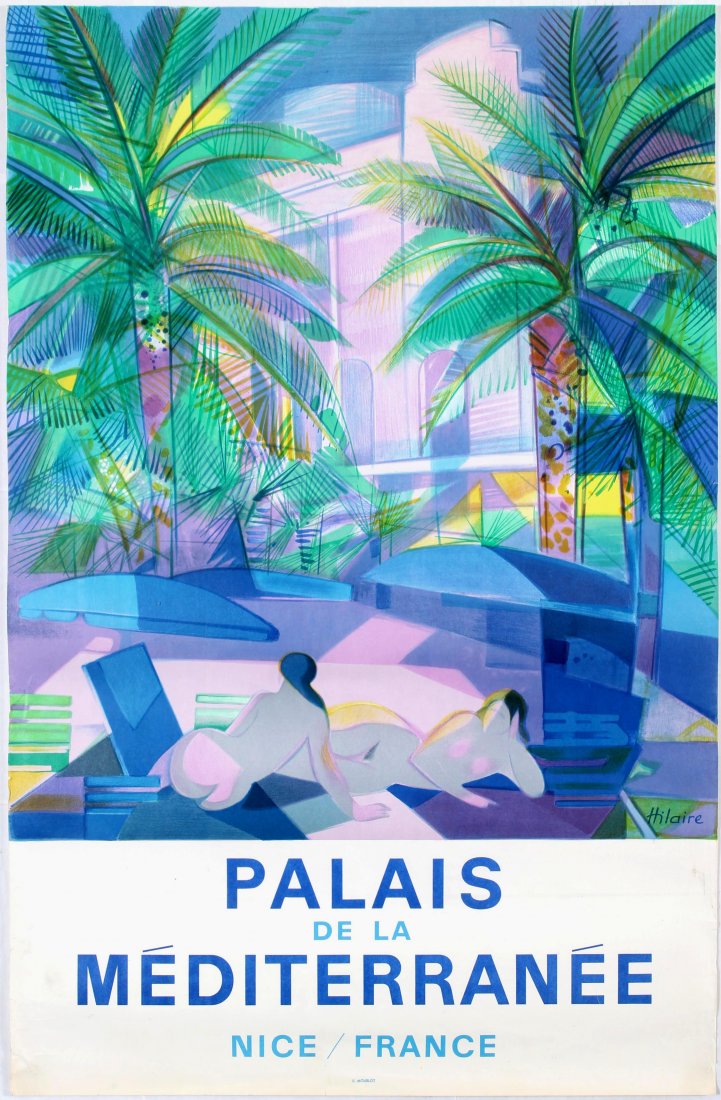 Art Exhibition Poster Mediterranean Nice Camille: Original vintage advertising poster for an exhibition of artwork by the French artist Camille Hilaire (1916-2004) at the Palais de la Mediterranee in Nice France. Vibrant stylised design showing a vie