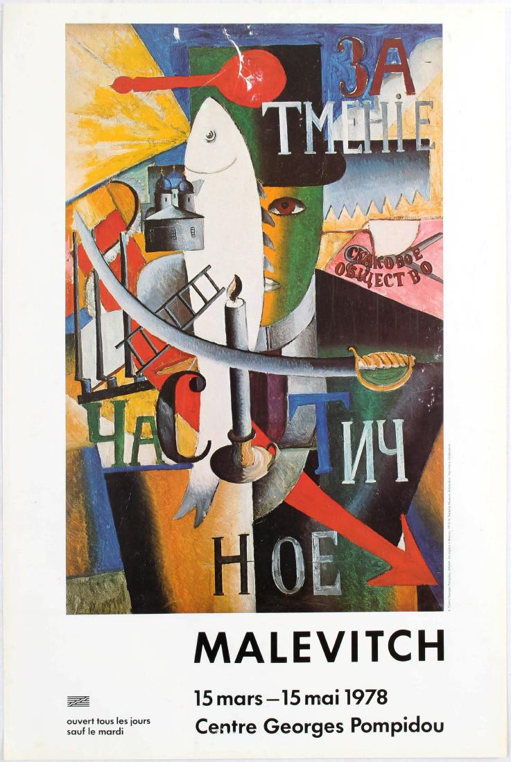 Art Exhibition Poster Malevich Pompidou Keinholz Osbert: Group of five art exhibition posters: 1. Original vintage advertising poster for Malevitch Pompidou Centre. Good condition, creases and small tears margins. Country: France. Year: 1978. Designer: Male