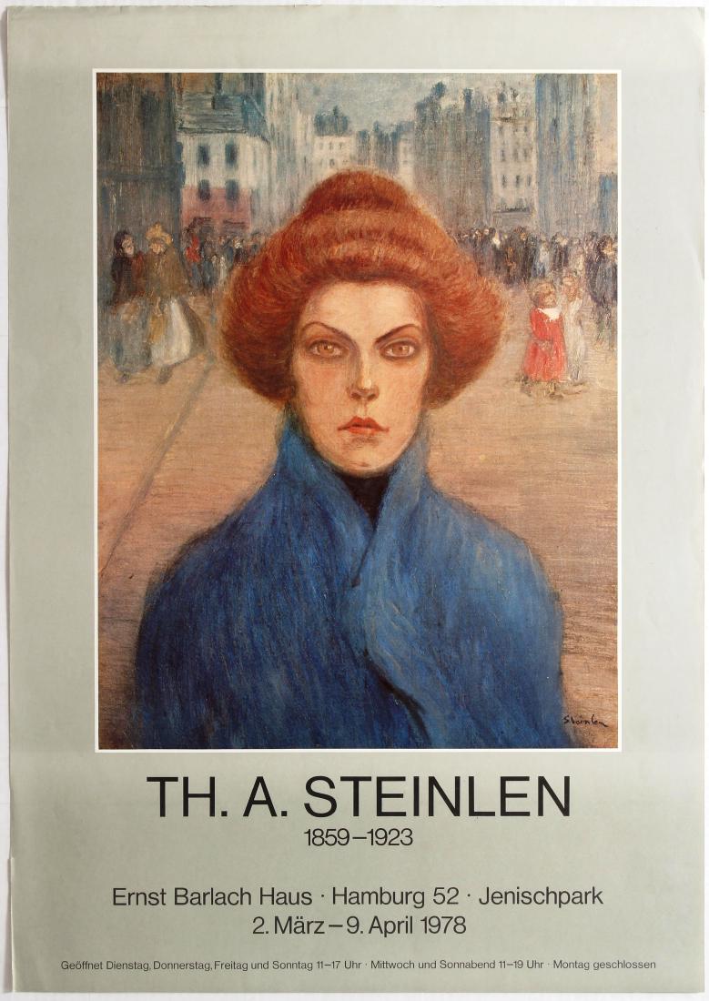 Art Exhibition Poster Impressionism Steinlein Blake: Group of five art exhibition posters: 1. Original vintage advertising poster for TH. A. Steinlen Exhibition held in Ernst Barlach Haus Hamburg. Good condition, creases and small tears on margins. Coun