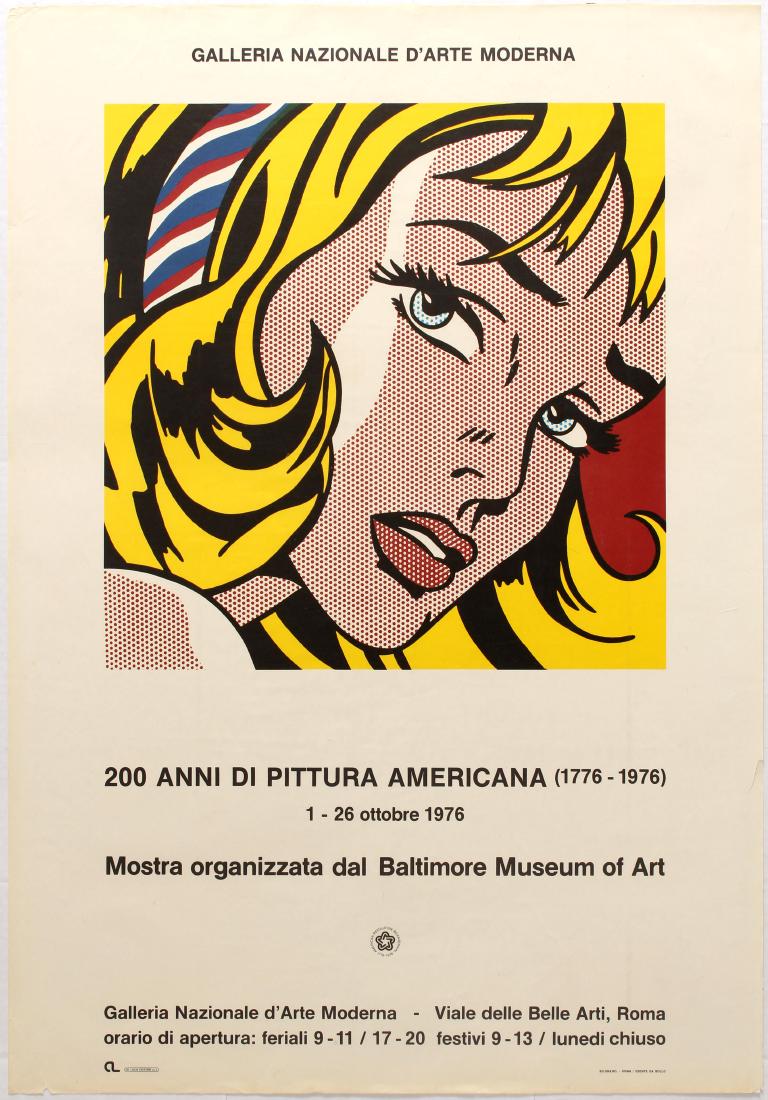 Art Exhibition Poster Lichtenstein Pop Art Greco Mafai: Group of five art exhibition posters: 1. Original vintage advertising poster for 200 Years of American Painting Exhibition held in National Gallery of Modern Art Rome. Good condition, small paper loss