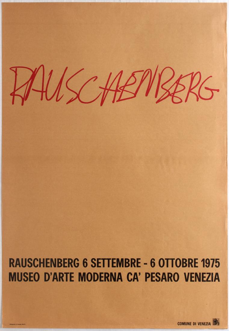 Art Exhibition Poster Rauschenberg Venice Realism: Group of five art exhibition posters: 1. Original vintage advertising poster for Rauschenberg Exhibition held in Ca' Pesaro Venice. Good condition, creases on margins. Country: Italy. Year: 1975. Desi