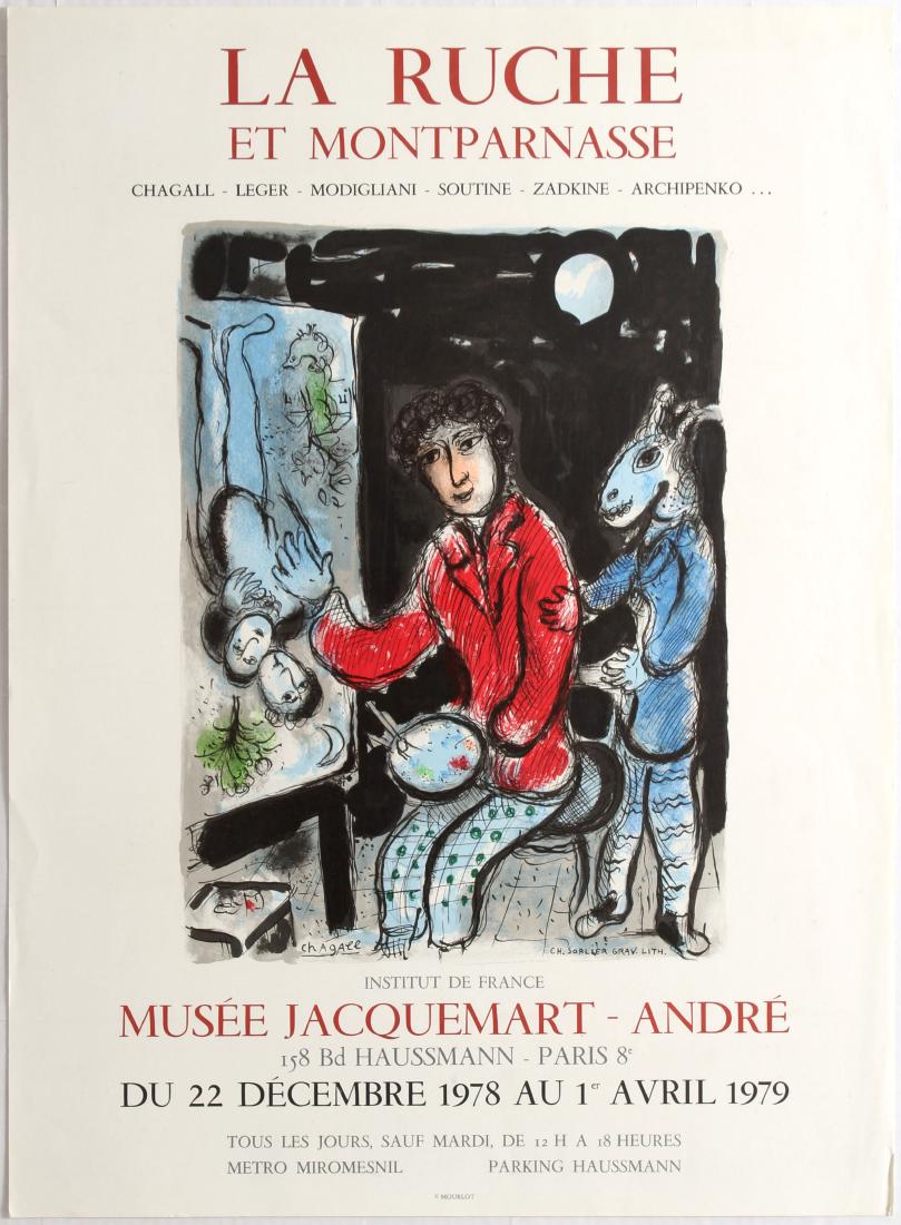 Art Exhibition Poster Chagall La Ruche Miro Max Klinger: Group of five art exhibition posters: 1. Original vintage advertising poster for La Ruche Et Montparnasse Exhibition held in Musee Jacquemart-Andre Paris. Chagall - Leger - Modigliani - Soutine - Zadk