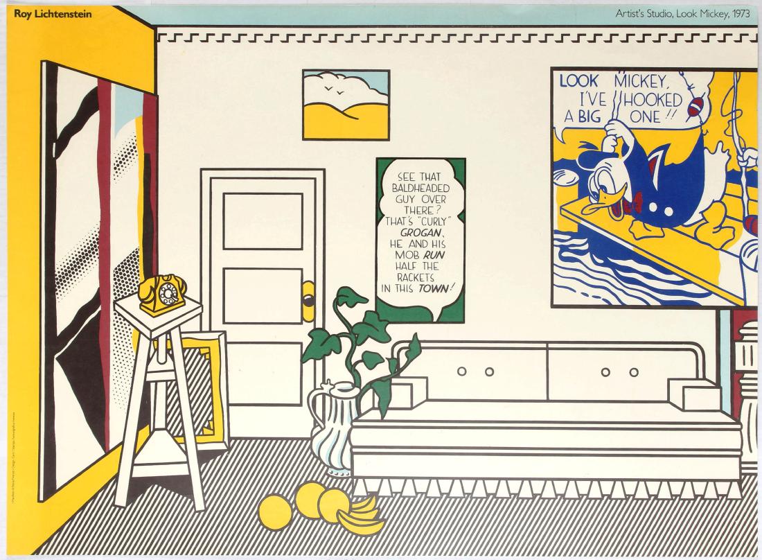 Art Exhibition Poster Lichtenstein Mirko Ibrahim Kodra: Group of five art exhibition posters: 1. Original vintage advertising poster for Roy Lichtenstein Artist's Studio, Look Mickey. Very good condition, small creases on margins. Country: Italy. Year: 197