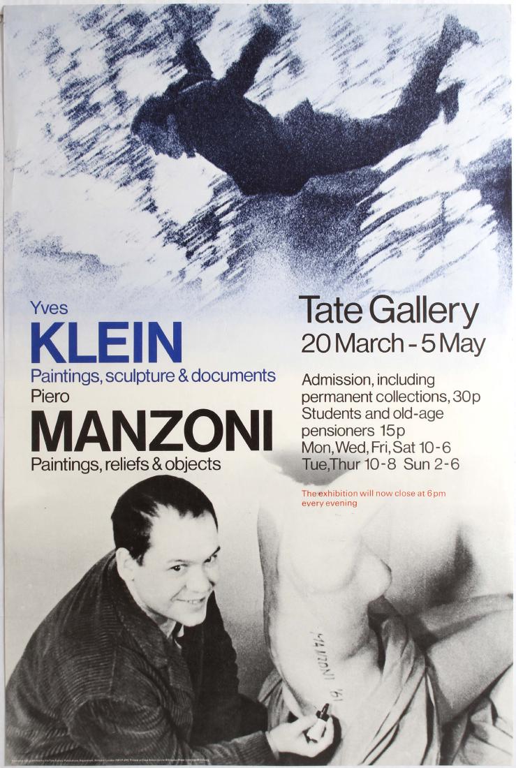 Art Exhibition Poster Klein Manzoni Tate Laurens: Group of five art exhibition posters: 1. Original vintage advertising poster for Yves Klein and Piero Manzoni Exhibition held in Tate Gallery. Very good condition, few creases on margins. Country: UK.