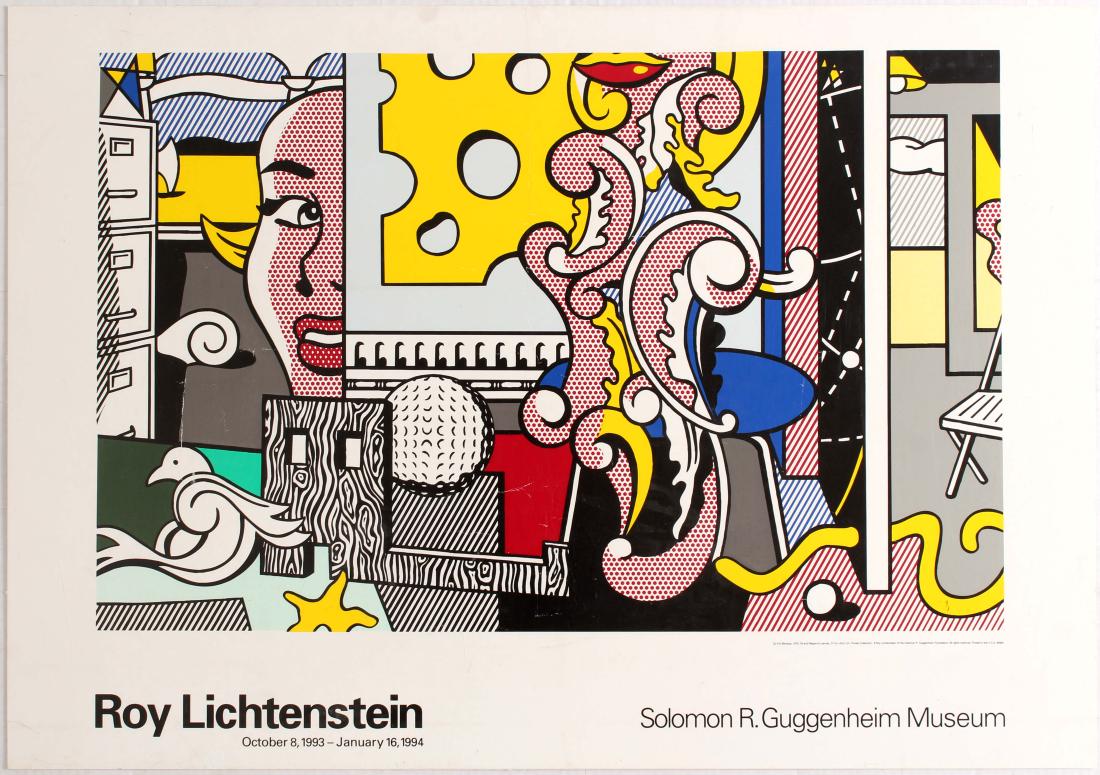 Art Exhibition Poster Lichtenstein Guggenheim Ibrahim: Group of five art exhibition posters: 1. Original vintage advertising poster for Roy Lichtenstein Go For Baroque Guggenheim Museum New York. Good condition, few creases and tears on the image, backed