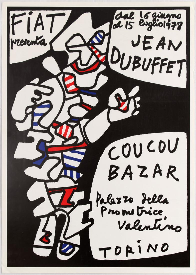 Art Exhibition Poster Oscar Jean Dubuffet Kokoschka: Group of five art exhibition posters: 1. Original vintage advertising poster for Jean Dubuffet Coucou Bazar Turin. Palazzo della Promotrice Valentino Turin. Excellent condition. Country: Italy. Year: 