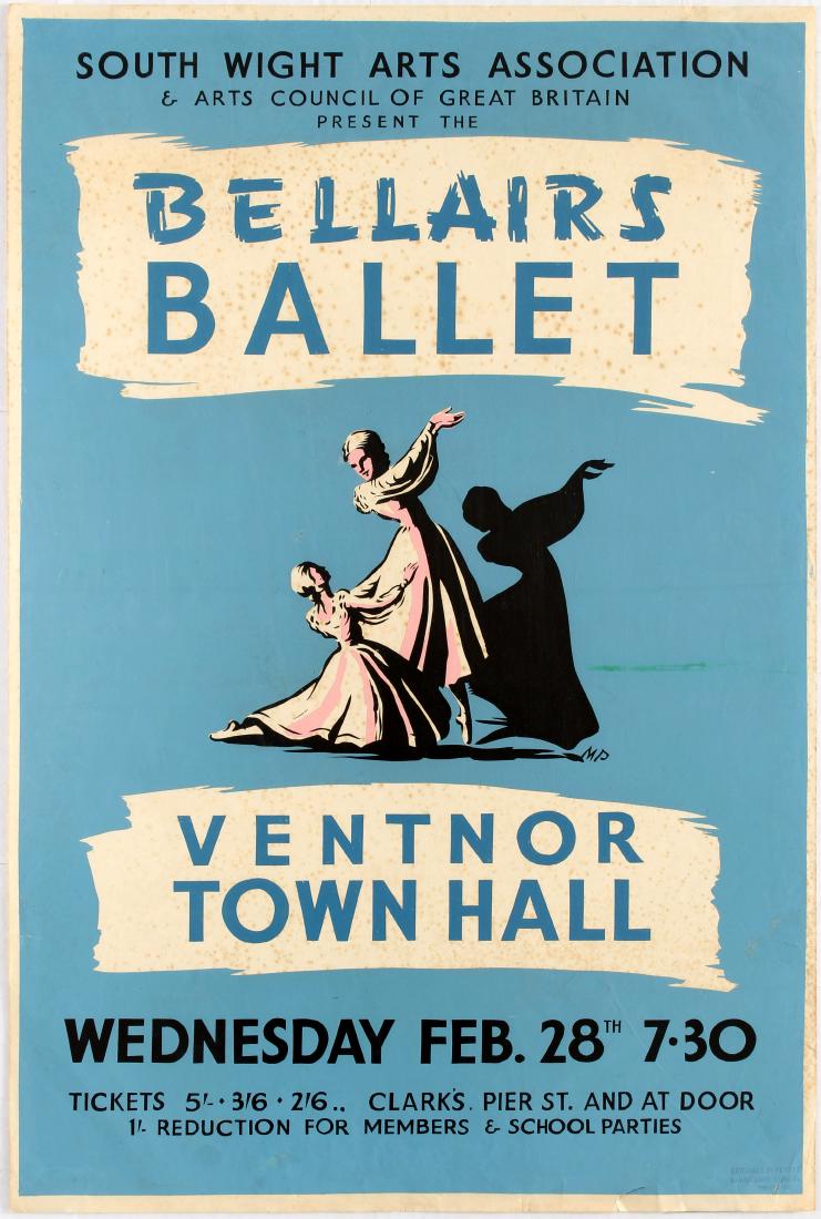 Advertising Poster Bellairs Ballet UK: Original vintage advertising poster: South Wight Arts Association & Council of Great Britain Present - The Bellairs Ballet Ventnor Town Hall. Silkscreen poster. Fair condition, rusty spots on the imag