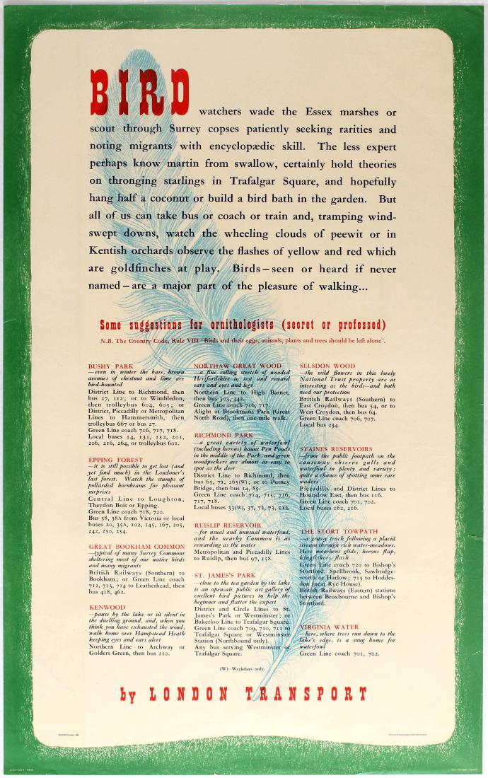 Travel Poster Birds LT Harold David Hussey: Original vintage London Transport travel poster Birds. Bird watchers wade the Essex marshes.....Bushey Park... Epping Forest... Great Bookham Common... Kenwood... Northaw... Richmond Park... Ruislip R