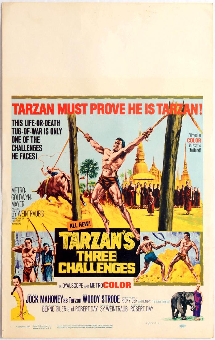 Movie Poster Three Challenges Tarzan USA Jock Mahoney: Movie Poster Tarzan's Three Challenges Tarzan must prove he is Tarzan. Starring Jock Mahoney as Tarzan and Woody Strode - Directed by Robert Day. Country: U.S.A. Year: 1963. Artist: Unknown. Size (cm)