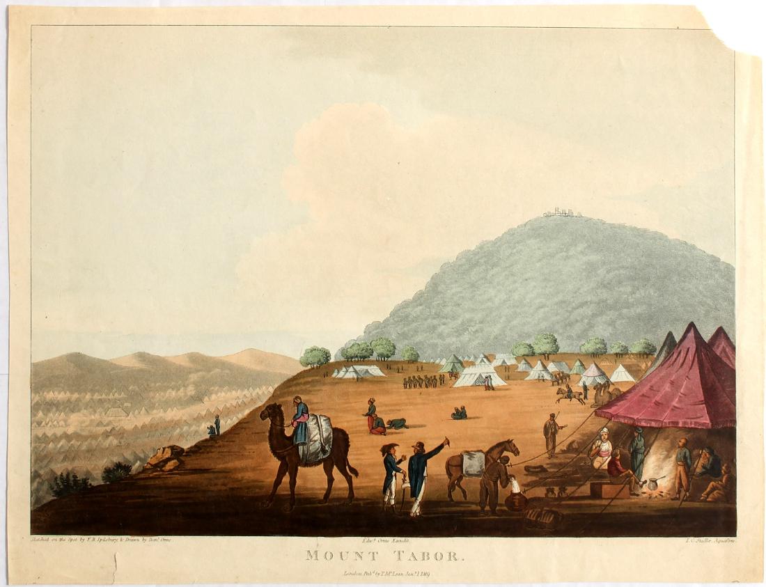 Antique Engraving Mount Tabor Israel: Antique Engraving hand coloured Mount Tabor. Mount Tabor (Hebrew: ×”×¨ ×ª×‘×•×¨, Modern Har Tavor, Tiberian Har TÄá¸‡Ã´r, Arabic: Ø¬Ø¨Ù„ Ø§Ù„Ø·ÙˆØ±â€Žâ€�