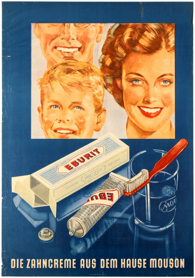 Advertising Poster Eburit Toothpaste Dentist: Original vintage advertising poster Eburit Tooth Paste. Fair condition, scratches on left margin, tears on margins, tape on top. Country: Germany. Year: 1948. Designer: Kurt Glombig. Size (cm): 84.5 x