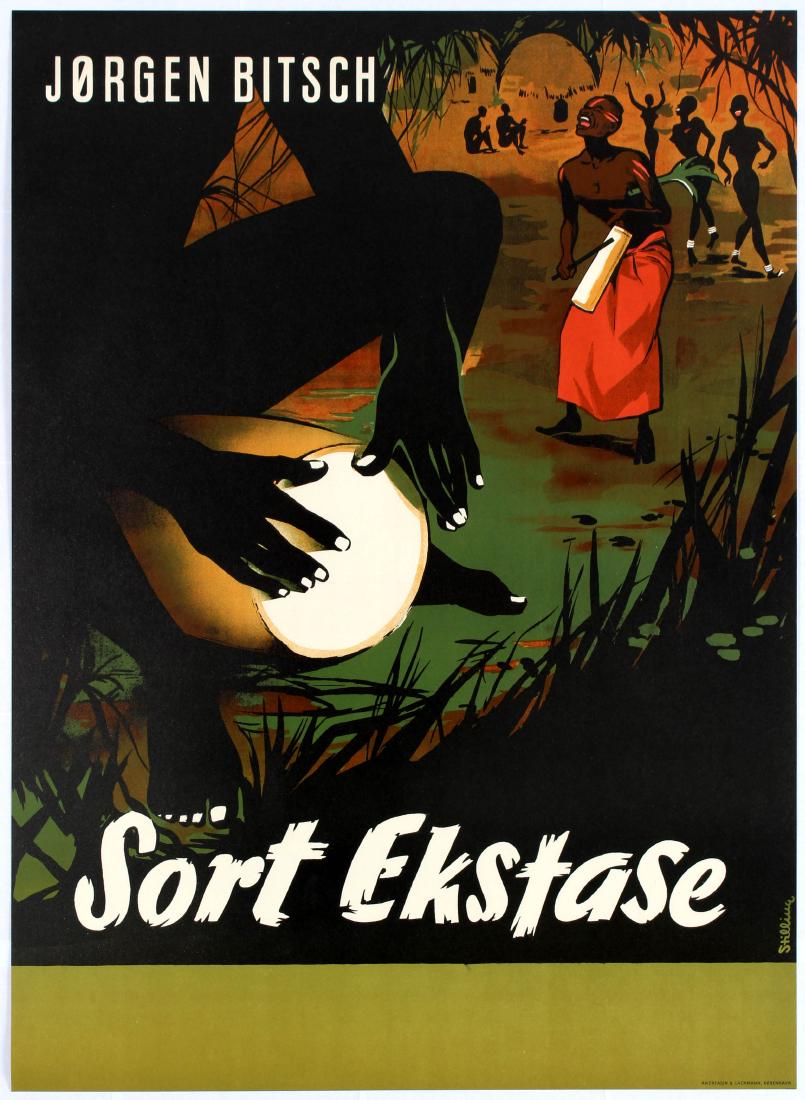 Advertising Poster Black Ecstasy Book Africa: Original vintage advertising poster Sort Ekstase (literally translates to Black Ecstasy ), the 1955 Danish poster advertising the book by Jorgen Bitsch, and featuring interesting art by Benny Stilling