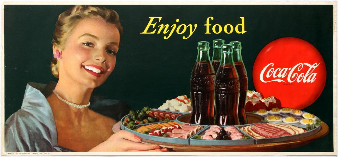 Advertising Poster Enjoy Food Coca Cola: Original vintage advertising poster Enjoy Food Coca-Cola. Good condition, small paper losses, tears and stains on margins, tape on reverse. Country: USA. Year: 1952. Designer: Unknown. Size (cm): 28 x