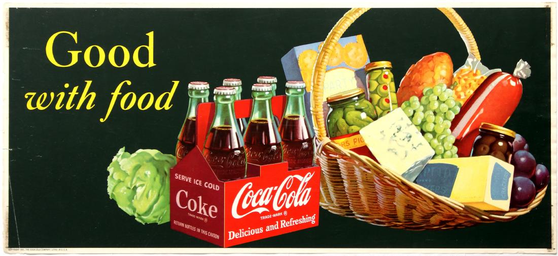 Advertising Good With Food Coca-Cola: Original vintage advertising poster Good With Food Coca-Cola. Good condition, small paper losses, tears and stains on margins, tape on reverse. Country: USA. Year: 1951. Designer: Unknown. Size (cm): 