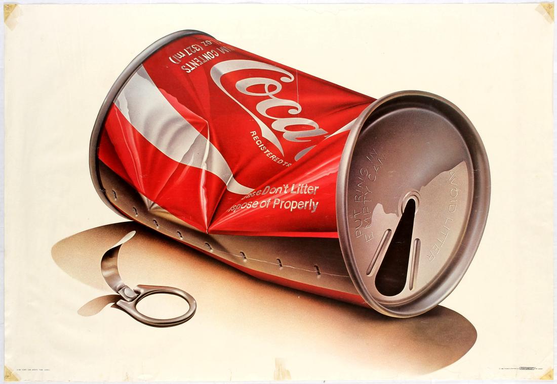 Advertising Poster Pop Art Coke Can Tom Lidell: Original vintage advertising poster: Coke Can by Tom Lidell. Printed in Germany by Scandecor. Fair condition, tape marks and pin holes in corners, tears on margins, scratches on the image, water stain