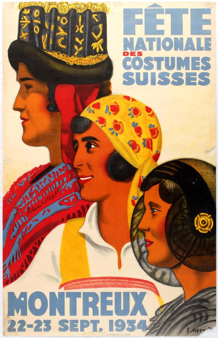 Advertising Poster Switzerland Costumes Montreux: Original vintage advertising poster National Fair of Swiss Costumes Montreux. Fair condition, tears and image losses on margins, paper loss in the lower left corner, few tears on the image. Country: S