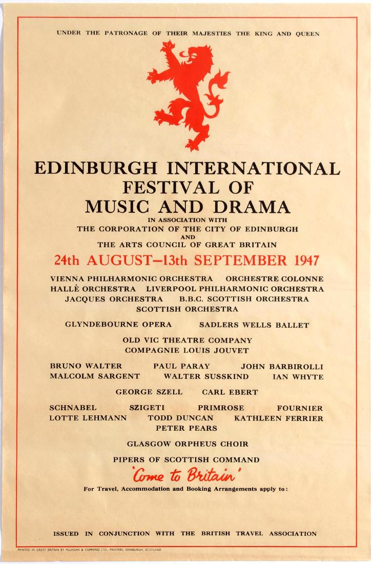 Travel Poster Edinburgh Festival Music Drama: Original vintage advertising poster Edinburgh International Festival Of Music And Drama. Good condition, small creases on margins, unnoticeable tears on bottom. Country: UK. Year: 1947. Designer: Unkn