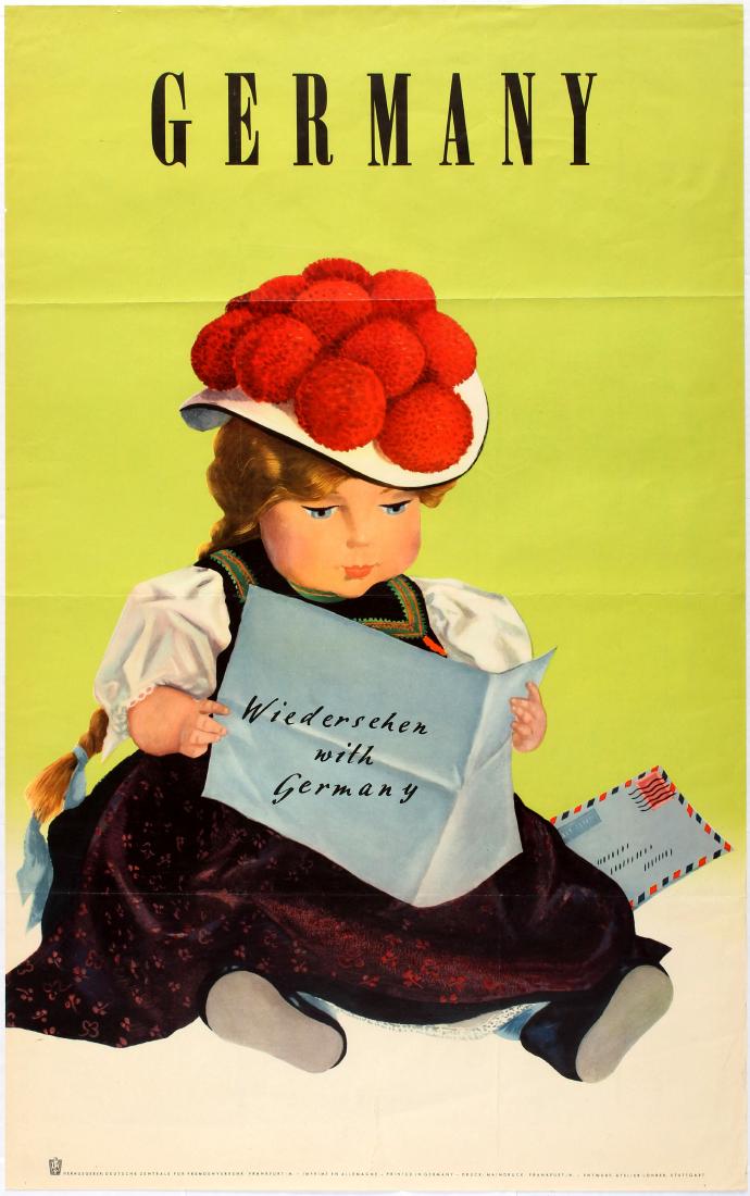 Travel Poster Meet Germany: Original vintage travel advertising poster Meet Germany. Good condition, folded, big tear on bottom, small tears on margins. Country: Germany. Year: 1950s. Designer: Unknown. Size (cm): 102 x 64.