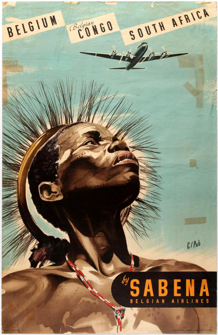 Travel Poster Belgium Congo South Africa Sabena: Original vintage travel advertising poster Belgium. Belgian Congo. South Africa by Sabena Belgium Airlines. Fair condition, tears on margins , tape marks and creases in the image, losses on top. Count