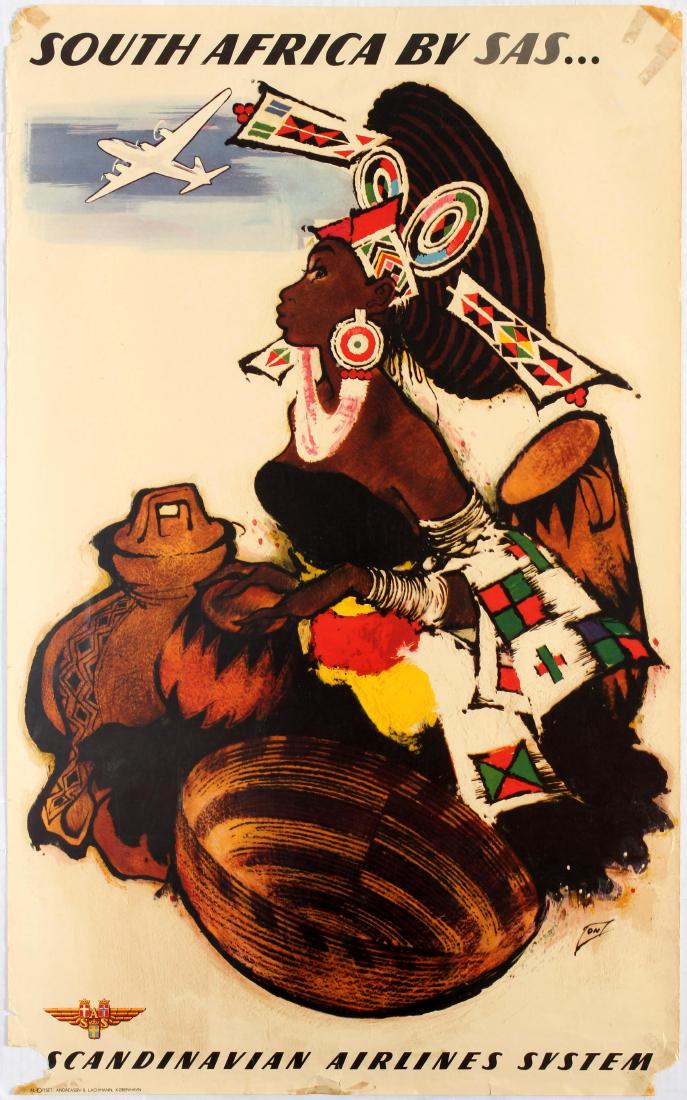 Travel Poster South Africa SAS Otto Nielsen: Original vintage travel advertising poster South Africa By Sas. Scandinavian Airlines System. Fair condition, paper losses and tape marks in corners, tears and creases on margins. Country: Denmark. Ye