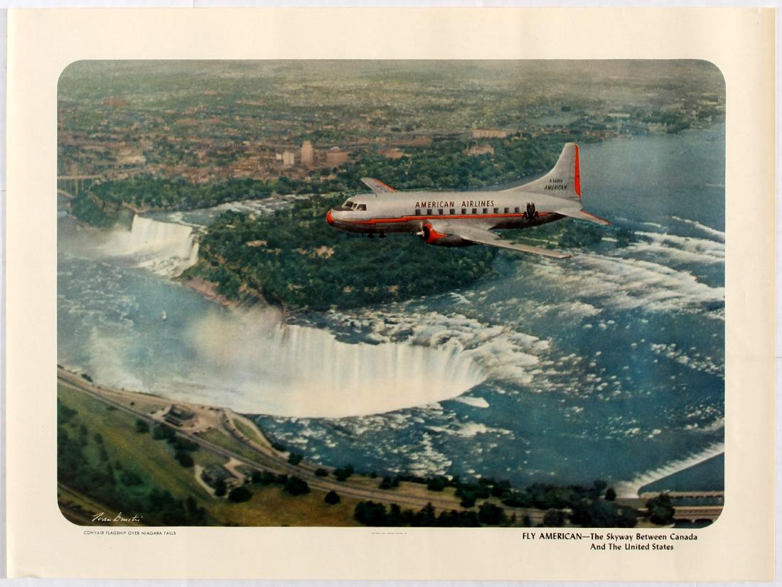 Travel Poster American Airlines Niagara Falls Ivan: Original vintage travel advertising poster Fly American - The Skyway Between Canada And The United States. Image of Convair flagship plane flying over the Niagara Falls. Ivan Dmitri (or Dmitre) (1900 