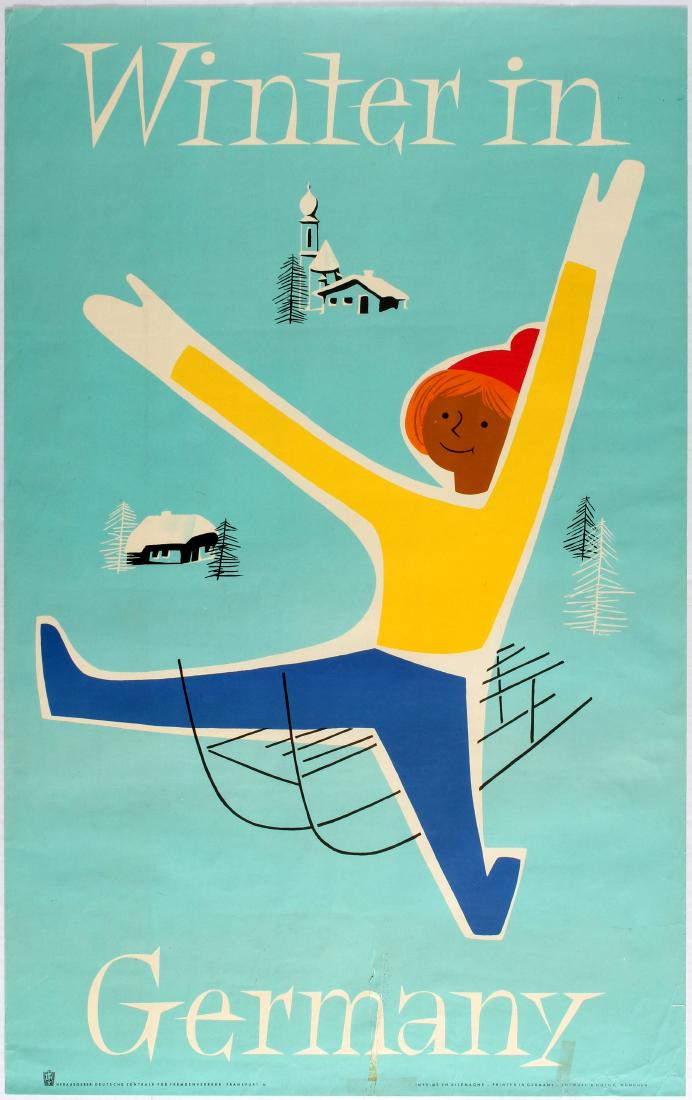 Travel Poster Winter In Germany Ski Sledging: Original vintage Winter In Germany. Good condition, small creases and few tears on margins. Country: Germany. Year: 1950. Designer: Unknown. Size (cm): 102 x 63.5.