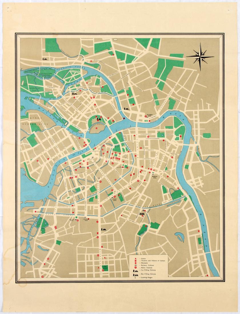 Travel Map Intourist Leningrad USSR: Original vintage advertising map for tourists travelling by car to Leningrad, now St. Petersburg issued by Intourist. Good condition, pin holes in corners, stain on bottom. Country: Russia. Year: 1960