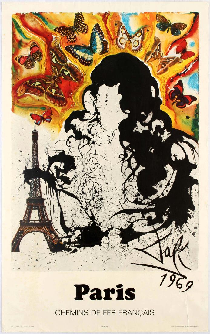 Travel Poster Salvador Dali Paris SNCF: Original vintage travel advertising poster Paris Dali French Railways. Country: France. Year: 1970. Designer: Salvador Dali. Size (cm): 99 x 62. Good condition, small tears and creases on margins, tea