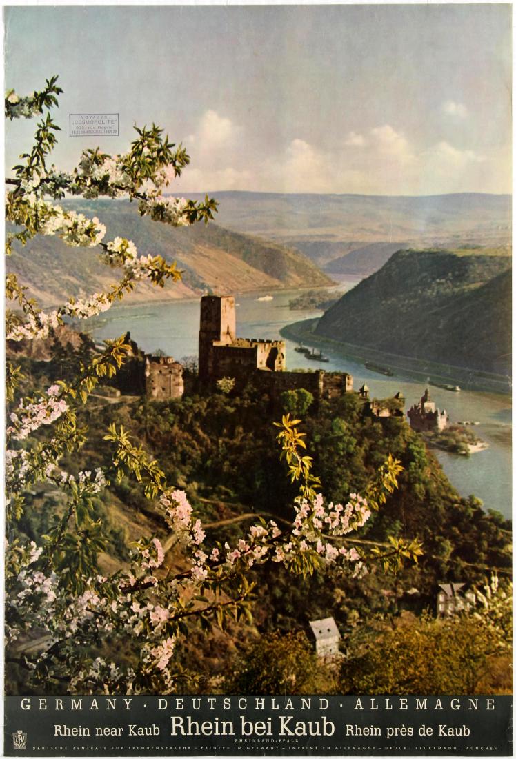 Travel Poster Germany Rhein Bei Kaub Bruckmann: Original vintage travel advertising poster Germany Rhein Bei Kaub. Good condition, creases and small tears on margins. Country: Germany. Year: 1972. Designer: Bruckmann. Size (cm): 74 x 50.