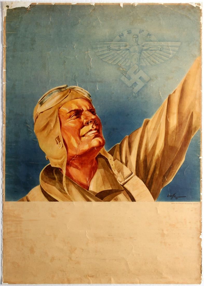 Propaganda poster Luftwaffe Pilot Nazi Germany WWII: Original vintage World War Two propaganda poster Luftwaffe, Nazi Germany. Image of a pilot smiling at the sky with an emblem of the NSFK (Nationalsozialistisches Fliegerkorps / National Socialist Flye