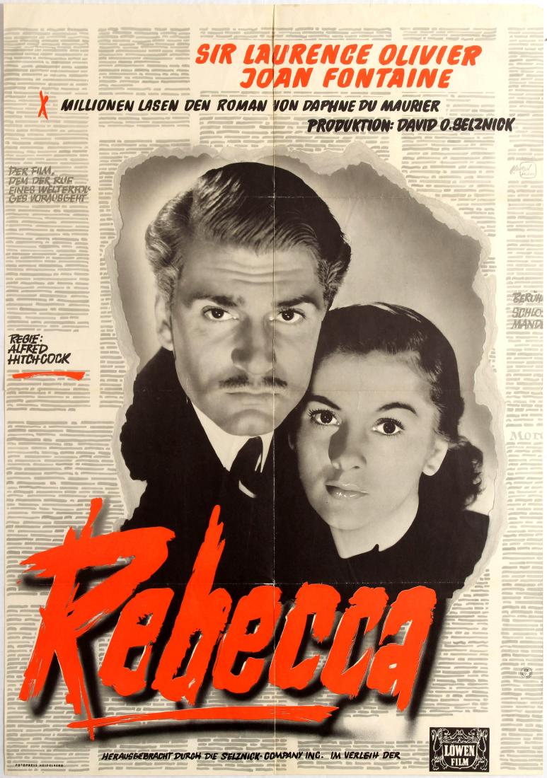 Movie Poster Rebecca Alfred Hitchcock: Original vintage poster for the first German release of US mystery drama Rebecca directed by Alfred Hitchcock starring Laurence Olivier, Joan Fontaine and George Sanders. Fair condition, folded, tears