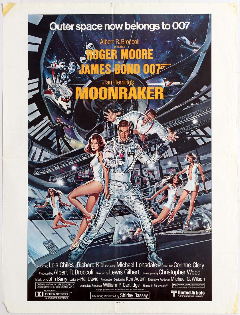 Movie Poster James Bond 007 Moonraker Roger Moore: Original vintage movie advertising poster for Ian Fleming's James Bond movie Moonraker starring Roger Moore, Lois Chiles, Richard Kiel, Michael Lonsdale and Corinne Clery. Good condition, folded, pape