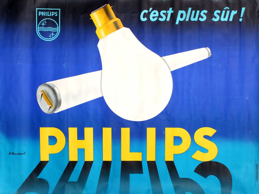 Advertising Poster Philips Midcentury Modern France: Original vintage advertising poster PHILIPS, c'est plus sur! - Philips light bulbs, extra light for sure! Lithographic poster in colours, printed by Maron Esperonnier. Design by P. Muckens. Paris, goo