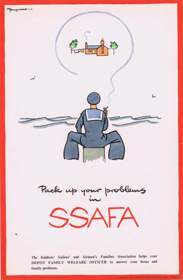 Propaganda Poster SSAFA by Fougasse: Original vintage poster for the SSAFA - Pack up your problems in SSAFA - the Soldiers Sailors and Airmen's Families Association helps your depot Family Welfare Officer to answer your home and family p
