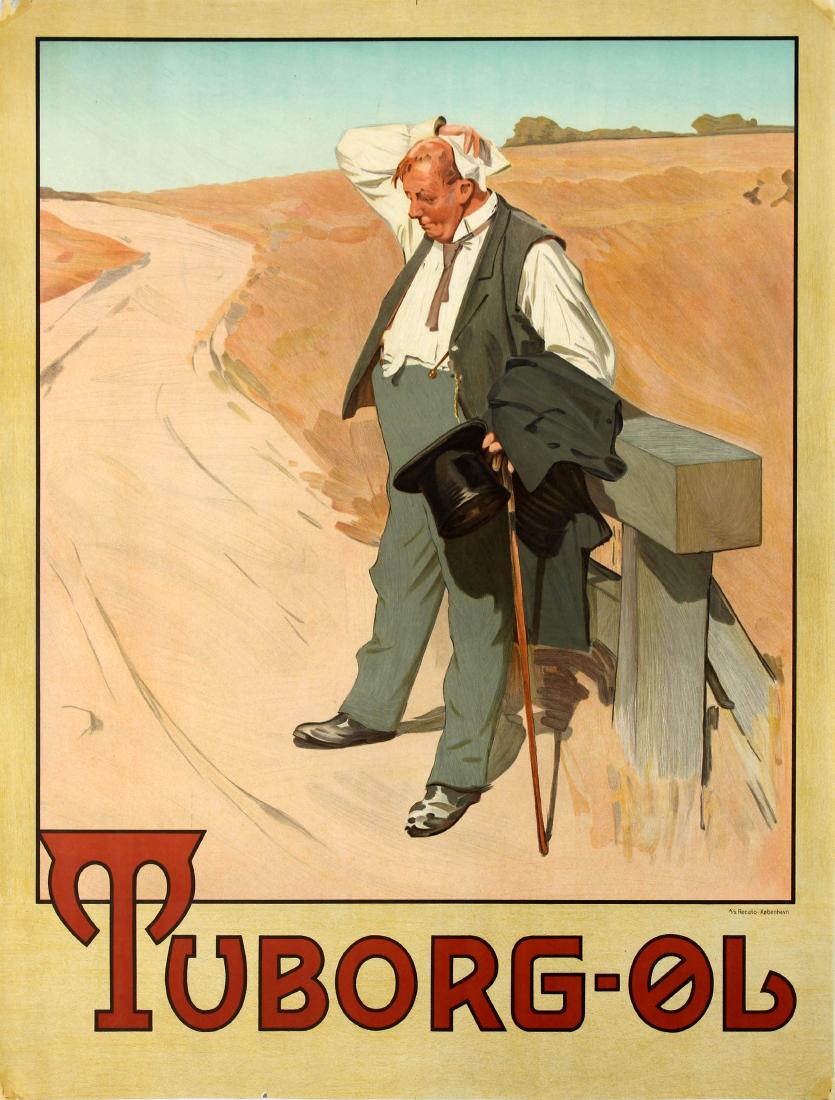 Advertising Poster Tuborg Beer Erich Henningsen: Original antique alcohol drink advertising poster for the Danish beer Tuborg featuring the iconic image of The Thirsty Man by the Danish painter and illustrator Erik Ludvig Henningsen (1855-1930): a m