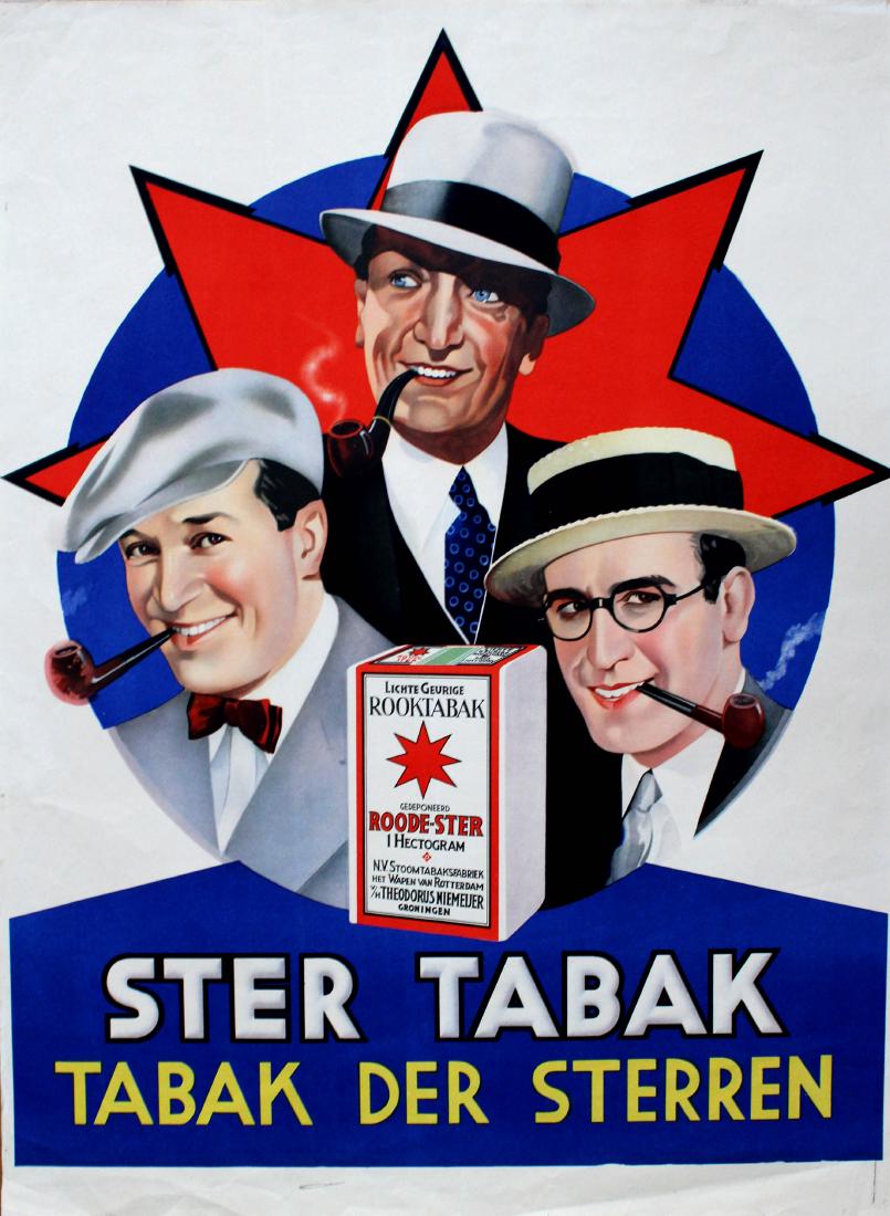 Advertising Poster Ster Tabak Star Tobacco Hollywood: Original vintage tobacco advertising poster for Ster Tabak - Tabak der Sterren / Tobacco of the Stars - featuring an image of three Hollywood silent movie stars, including Harold Lloyd (1893-1971), sm