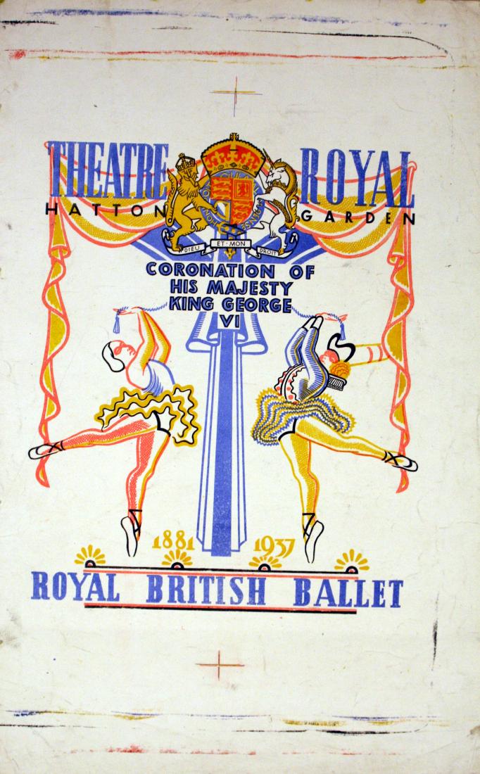 Advertising Poster Royal British Ballet 1937 Coronation: Original vintage advertising poster for a ballet dance performance at the Theatre Royal, Hatton Garden. Royal British Ballet, 1937, Coronation of His Majesty King George VI. Printer's proof in good co