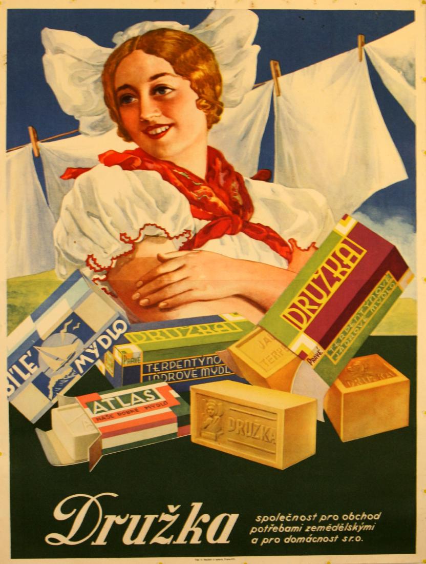 Advertising Poster Girlfriend Soap: Original vintage advertising poster for a Czech company, Druzka (Girlfriend), promoting their soaps packaged in Art Deco style. Printed in Prague. Good condition, fold line in middle, pinhole and ligh