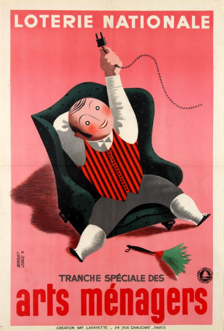 Advertising Poster Loterie Nationale Housekeeping: Original vintage advertising poster for the French National Lottery - Loterie Nationale arts menagers - special homemaking tranche. Colourful and fun design on a pink background by the French poster a