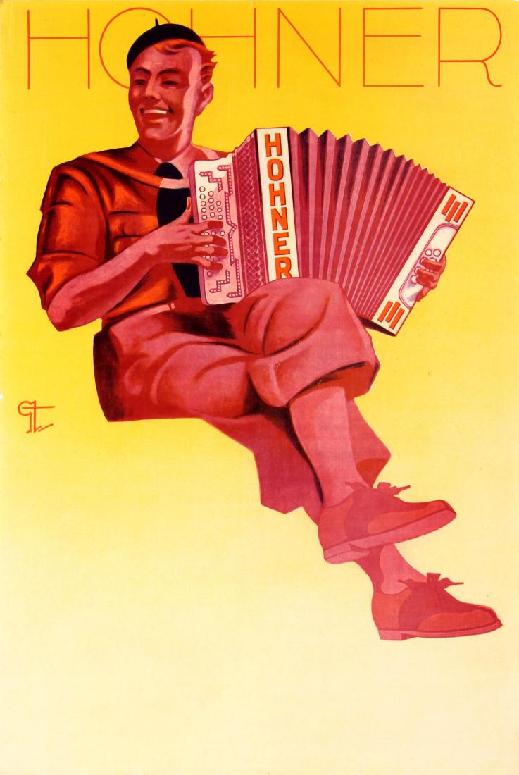 Advertising Poster Hohner Accordion: Original vintage advertising poster for Hohner, the German company specialised in the manufacture of musical instruments. Colourful image of a smiling young man playing music with a Hohner accordion a