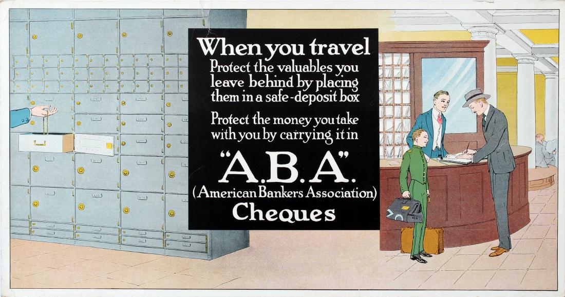 Advertising Poster American Bankers Association Cheques: Original vintage advertising poster for the American Bankers Association: When you travel Protect the valuables you leave behind by placing them in a safe-deposit box Protect the money you take with y