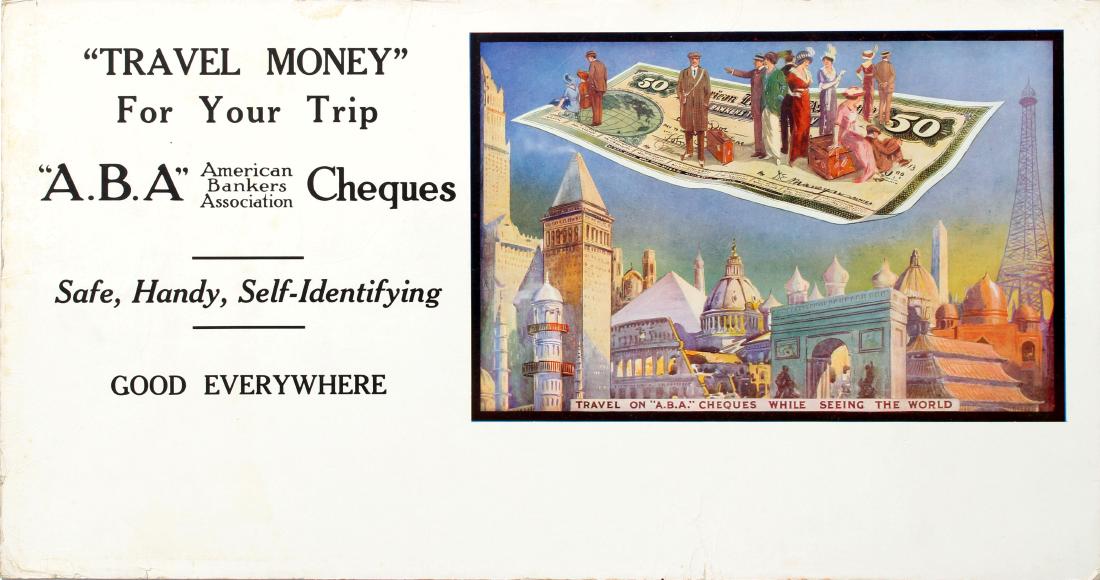Advertising Poster American Bankers Association Travel: Original vintage advertising poster for the American Bankers Association: Travel Money For Your Trip â€œA.B.Aâ€ Cheques Safe, Handy, Self-Identifying Good Everywhere Travel on A.B.A. 