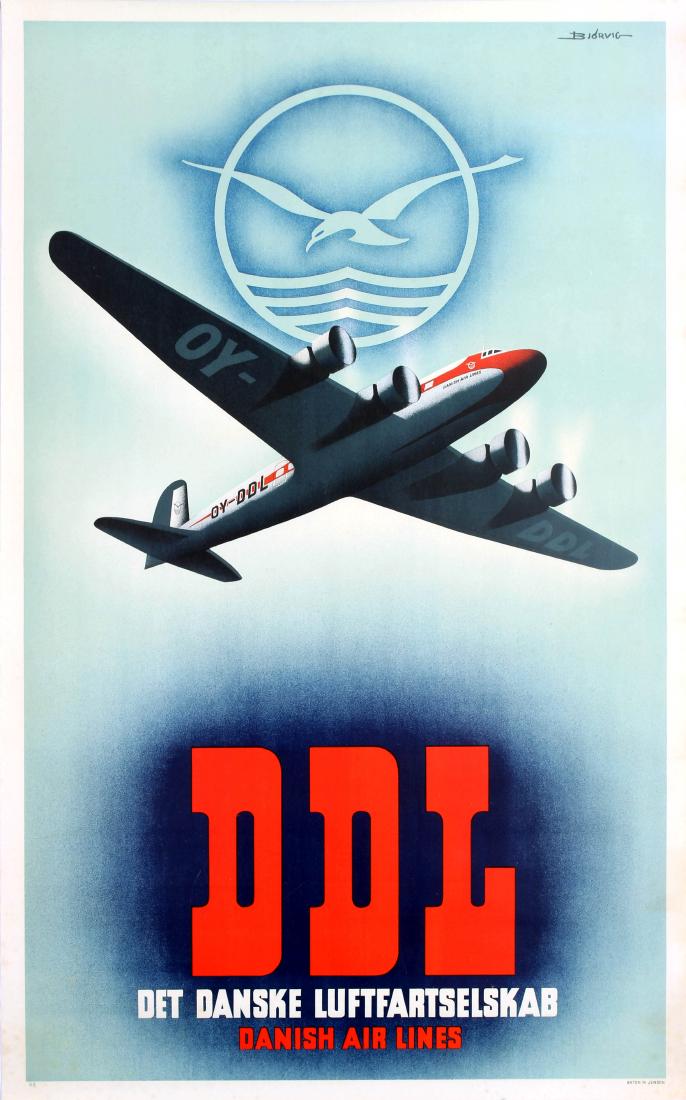 Advertising Poster DDL Danish Air Lines Bjorvig Douglas: Original vintage travel advertising poster for Danish Air Lines (DDL / Det Danske Luftfartselskab) featuring a great design of a Douglas DC-6 propeller plane flying across a blue sky with the DDL flyi