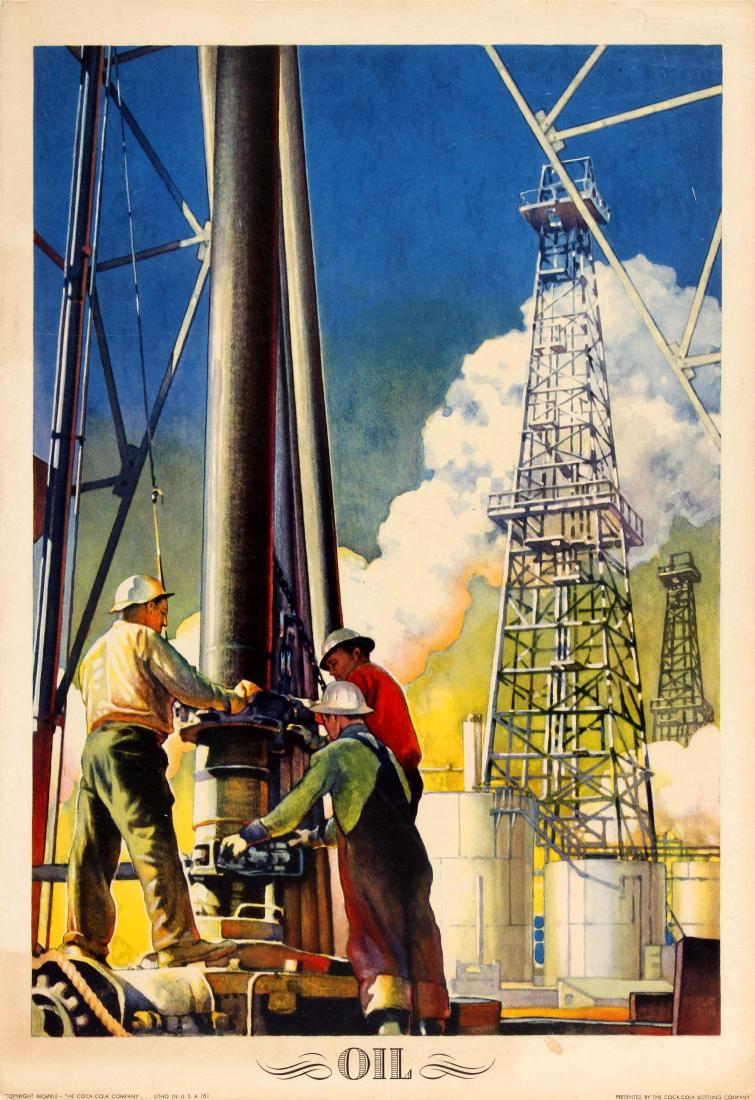 Advertising Poster Oil USA Coca Cola WWII: Original vintage World War Two American education advertising poster: Oil â€“ Presented by the Coca-Cola Bottling Company. Colourful illustration showing men working on an oil drilling platf